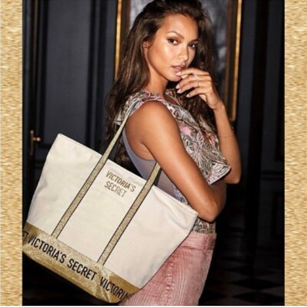 Victoria's Secret Gold Glitter Canvas Tote Bag